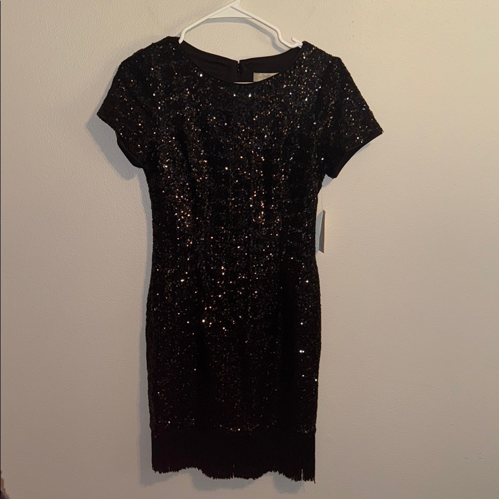NEW Aiden Mattox 6 black sequin fringe cocktail dress short sleeve $220 party